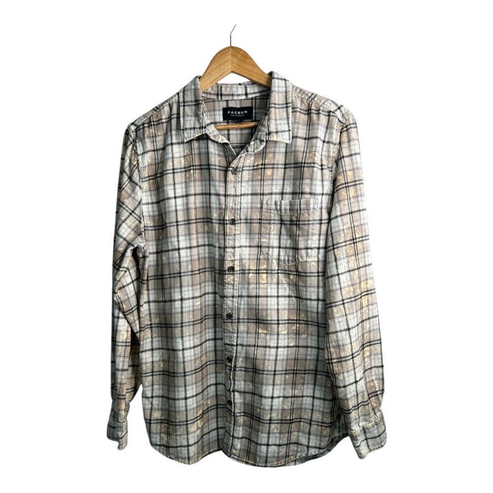 PacSun‎ Flannel Button Down Men's Shirt Sz L Tan, White & Black w/Gold Hints